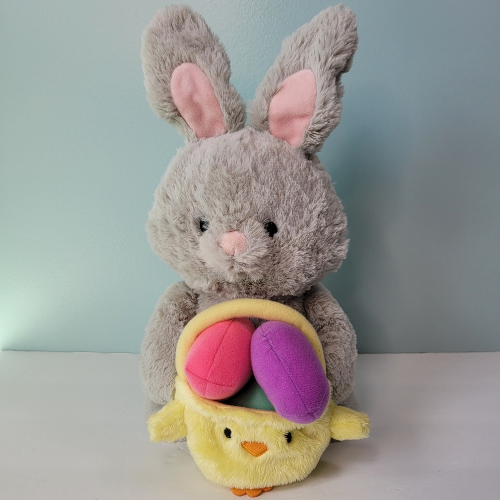 GUND Easter Gray Bunny Rabbit Yellow Chick Basket Plush Stuffed Animal Toy